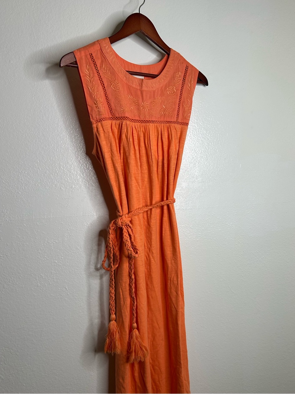 NWT Ex - Voto 100% Cotton Coral Rose Embroidered Floral Midi Dress Tie Waist